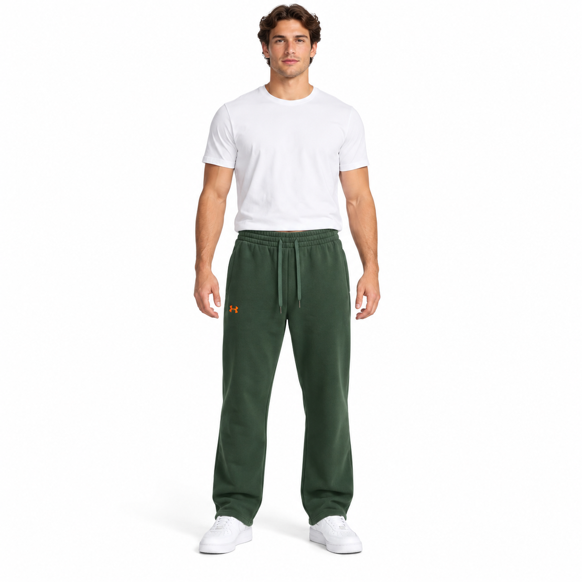 Under Armour green open-hem joggers worn by a model
