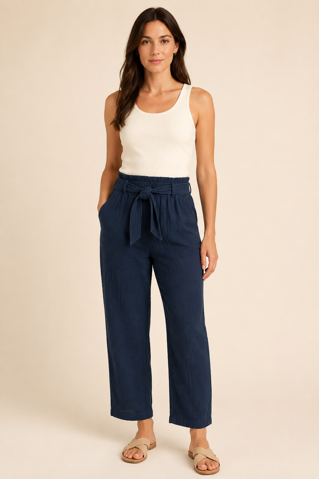 Crinkle Cotton Tie Waist Trousers