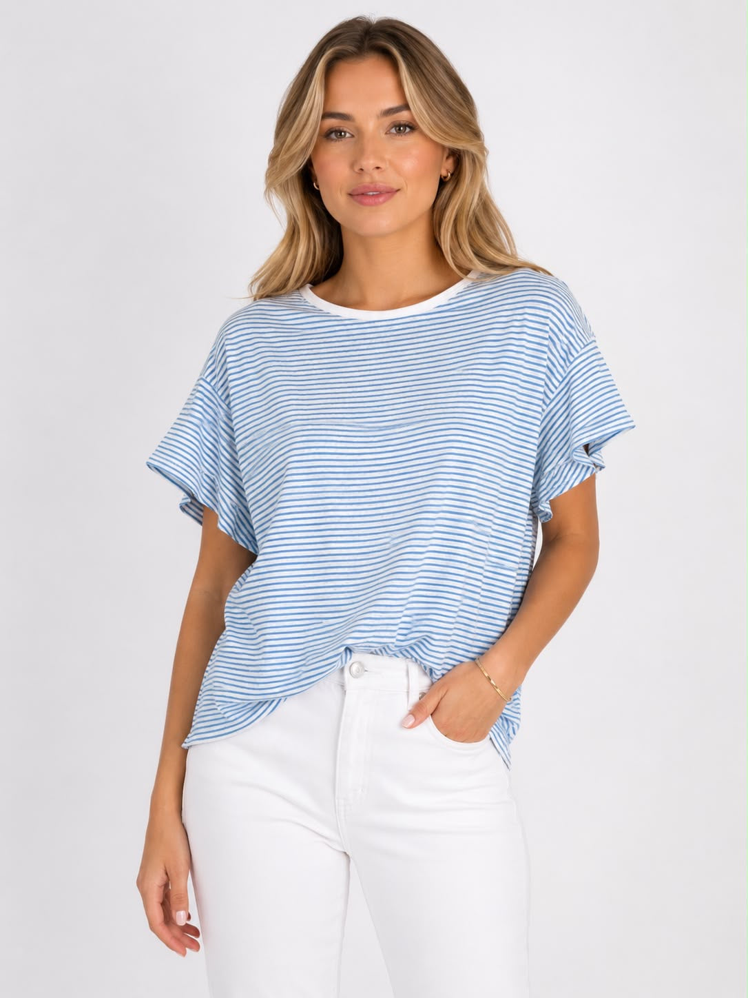 Striped Summer Top in Blue on a studio model