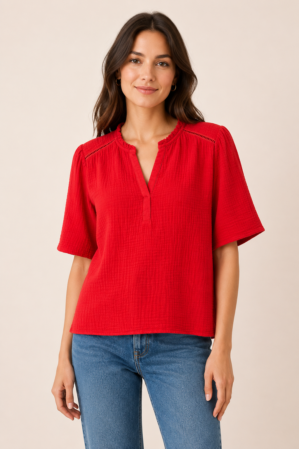 Crinkle Cotton Notch Neck Blouse
