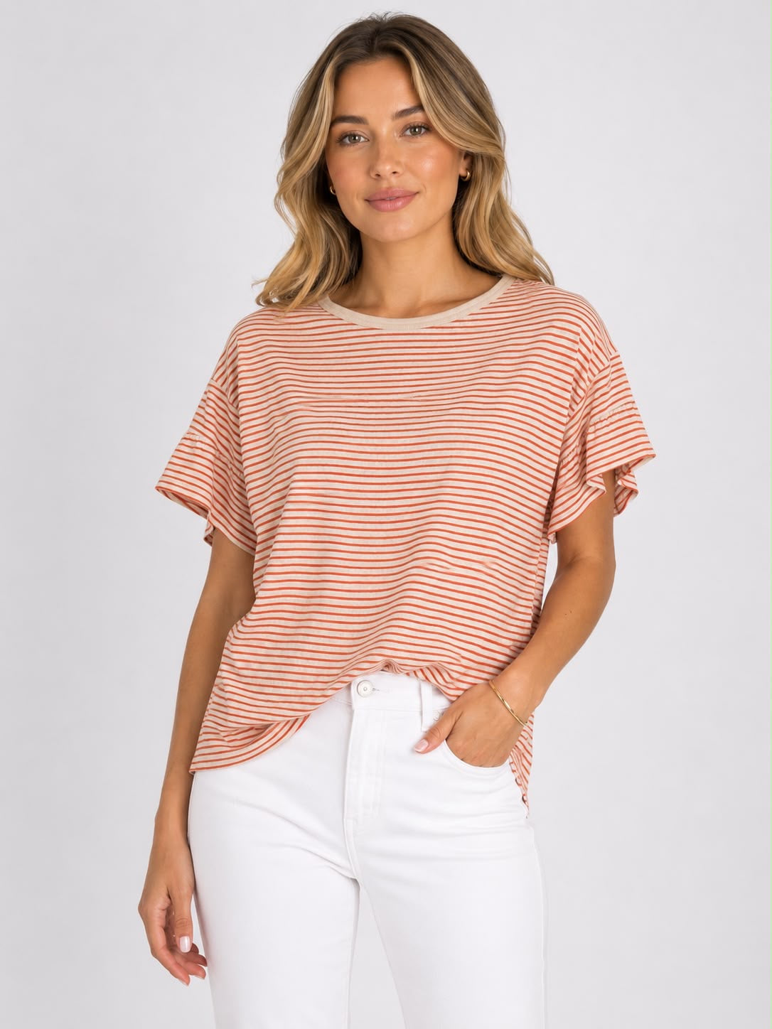 Striped Summer Top in Orange on a studio model