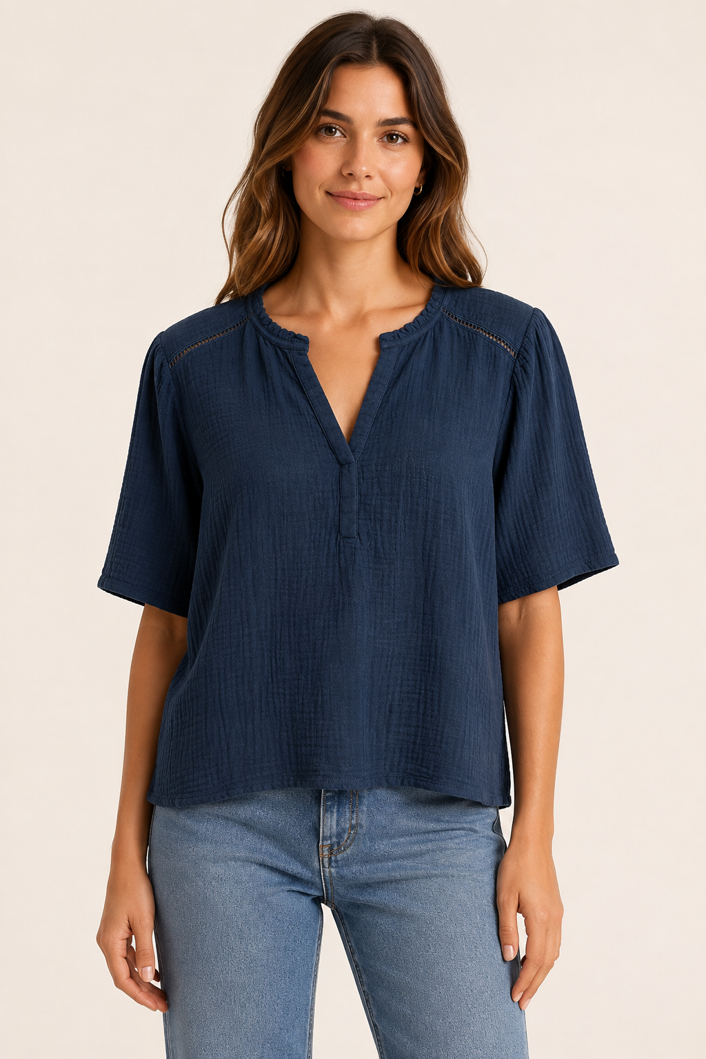 Crinkle Cotton Notch Neck Blouse