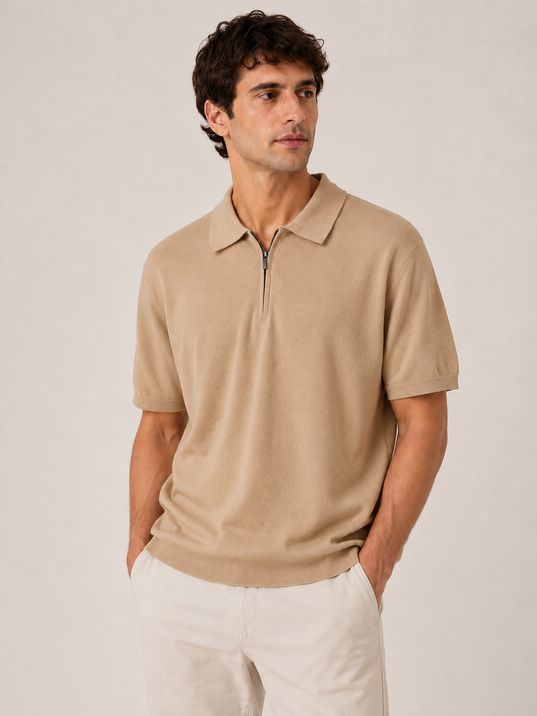 Cotton Linen Zip Polo in Camel on a studio model