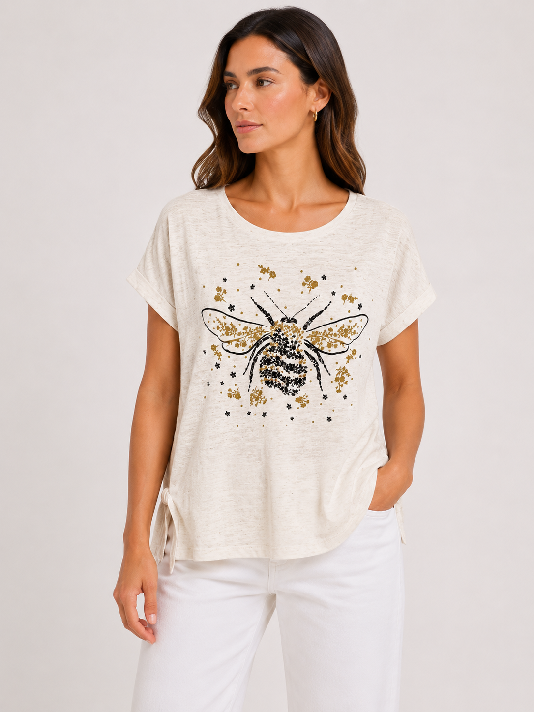 Bee Print Top in Ivory on a studio model