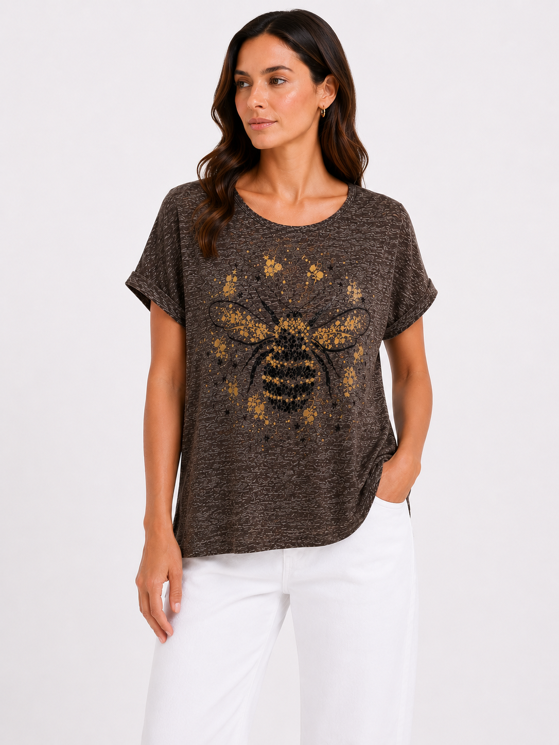 Bee Print Top in Dark Khaki on a studio model