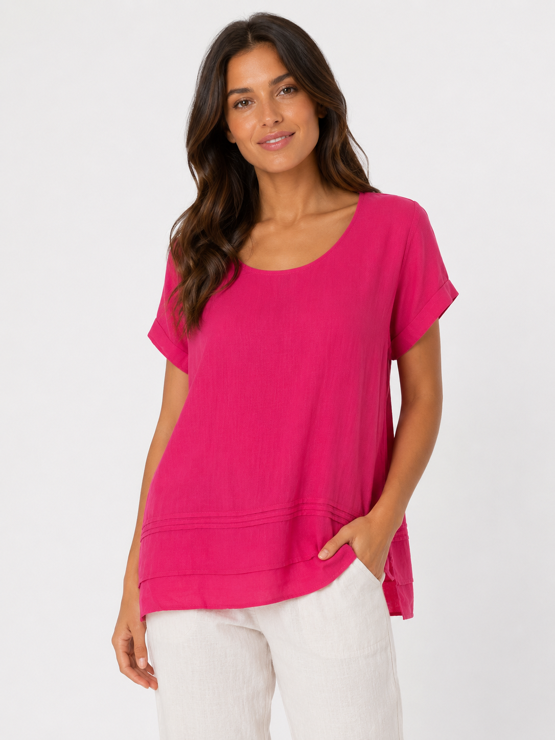 Short Sleeve Tunic Top in Cerise on a studio model