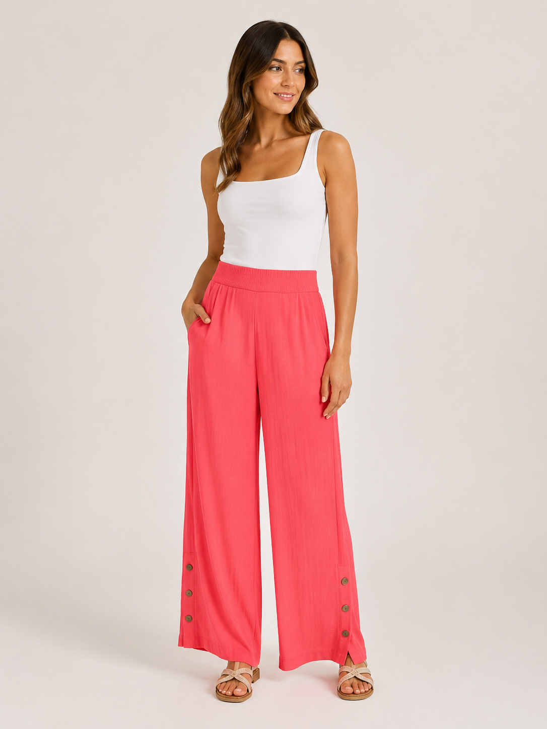 Summer Wide Leg Trouser Button Detail