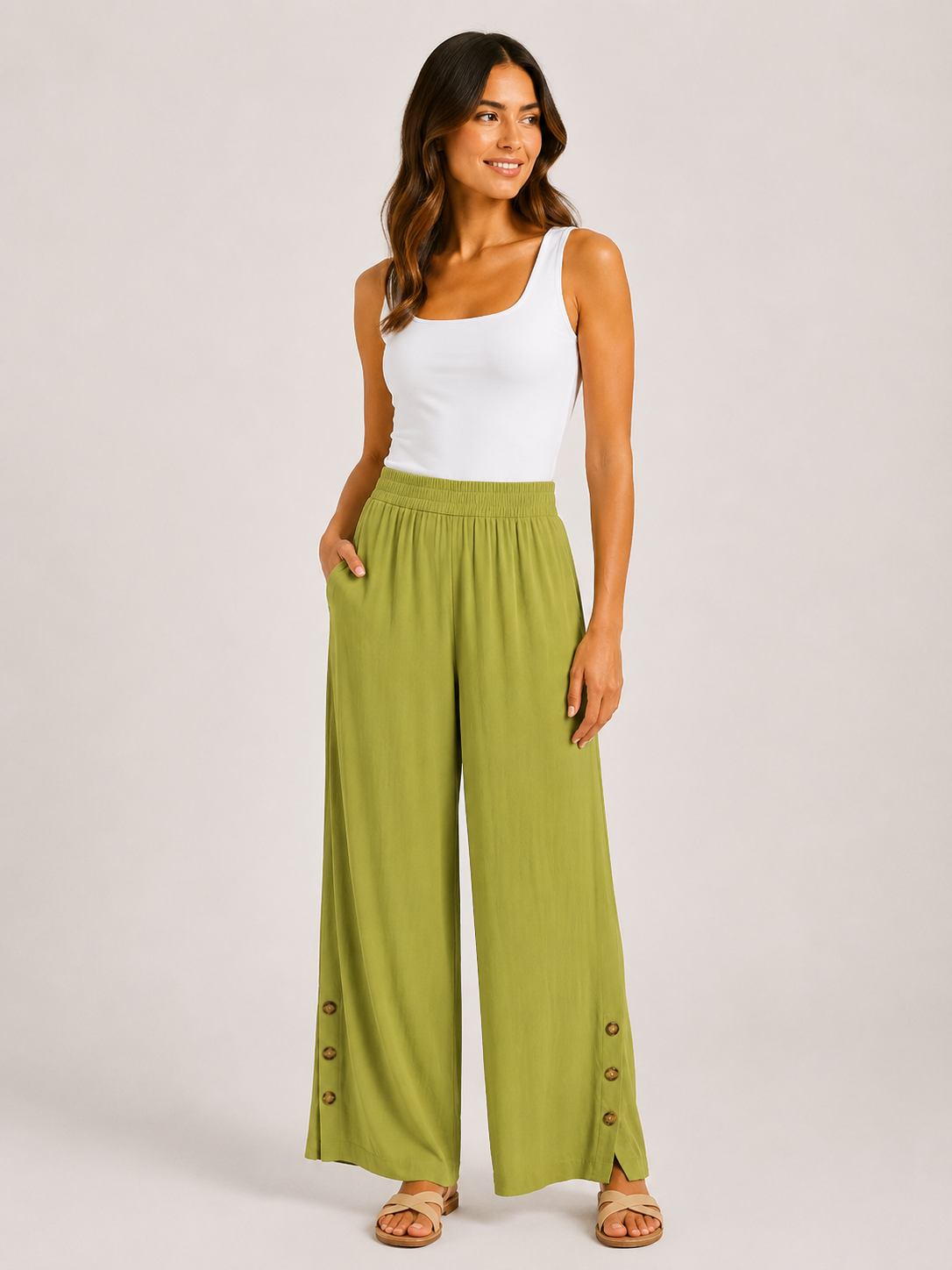 Summer Wide Leg Trouser Button Detail in Lime on a studio model