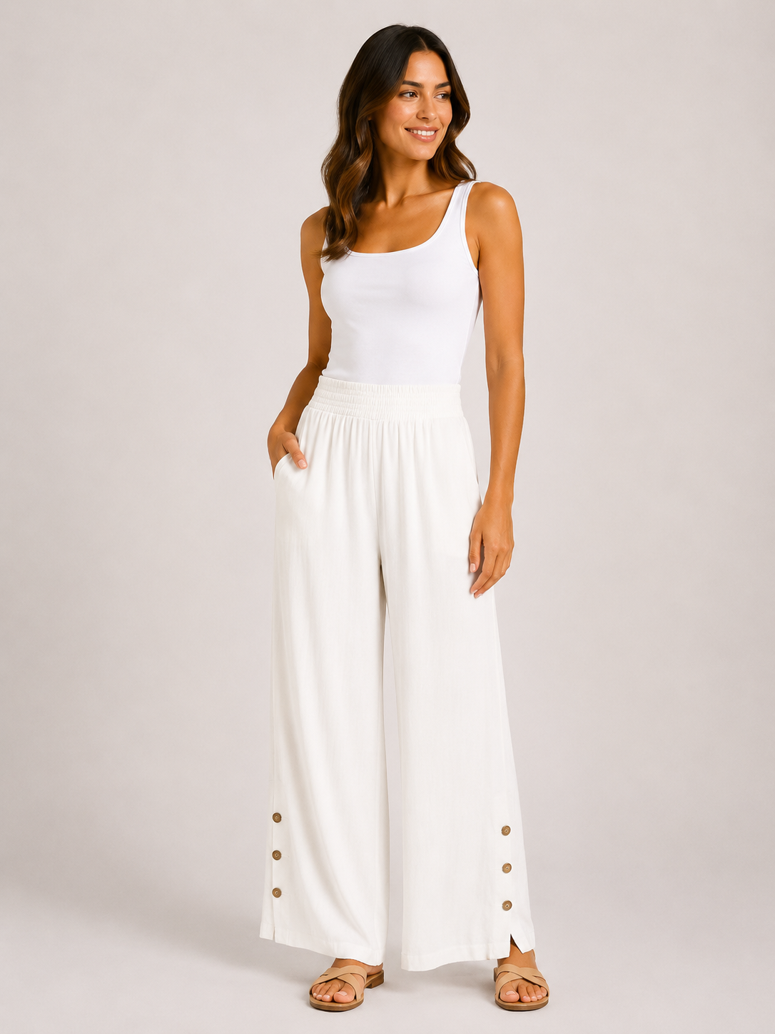 Summer Wide Leg Trouser Button Detail