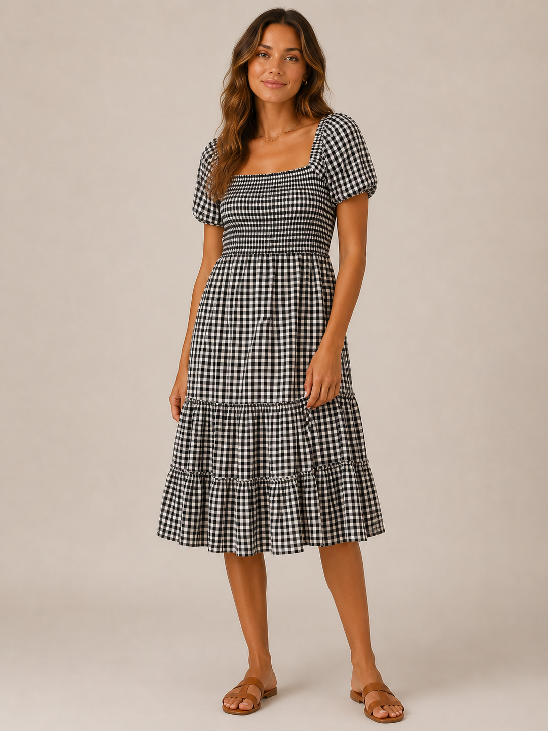 Black Gingham Shirred Puff Sleeve Midi Dress