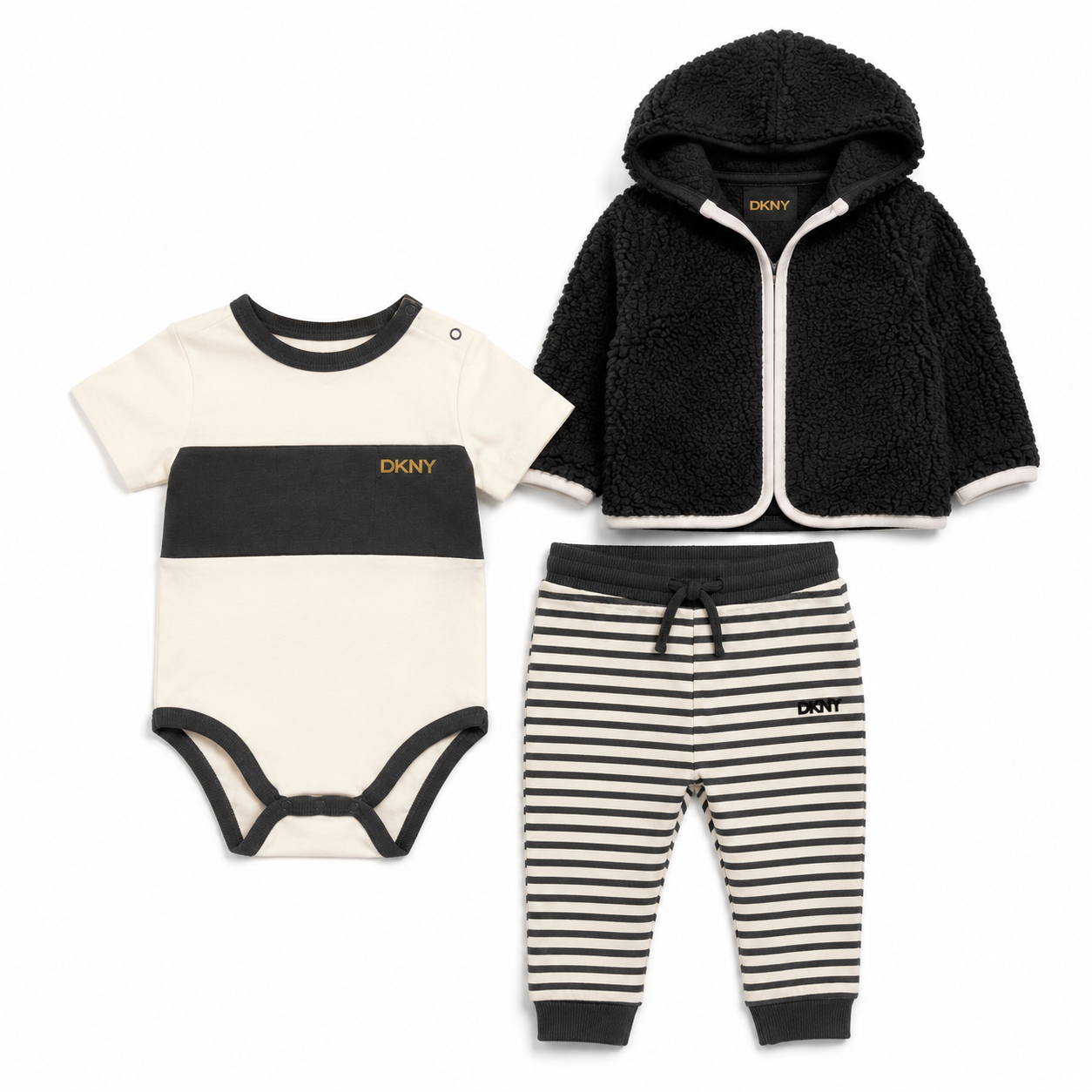 DKNY Baby 3 Piece Sherpa Jacket Set - Cream/Black