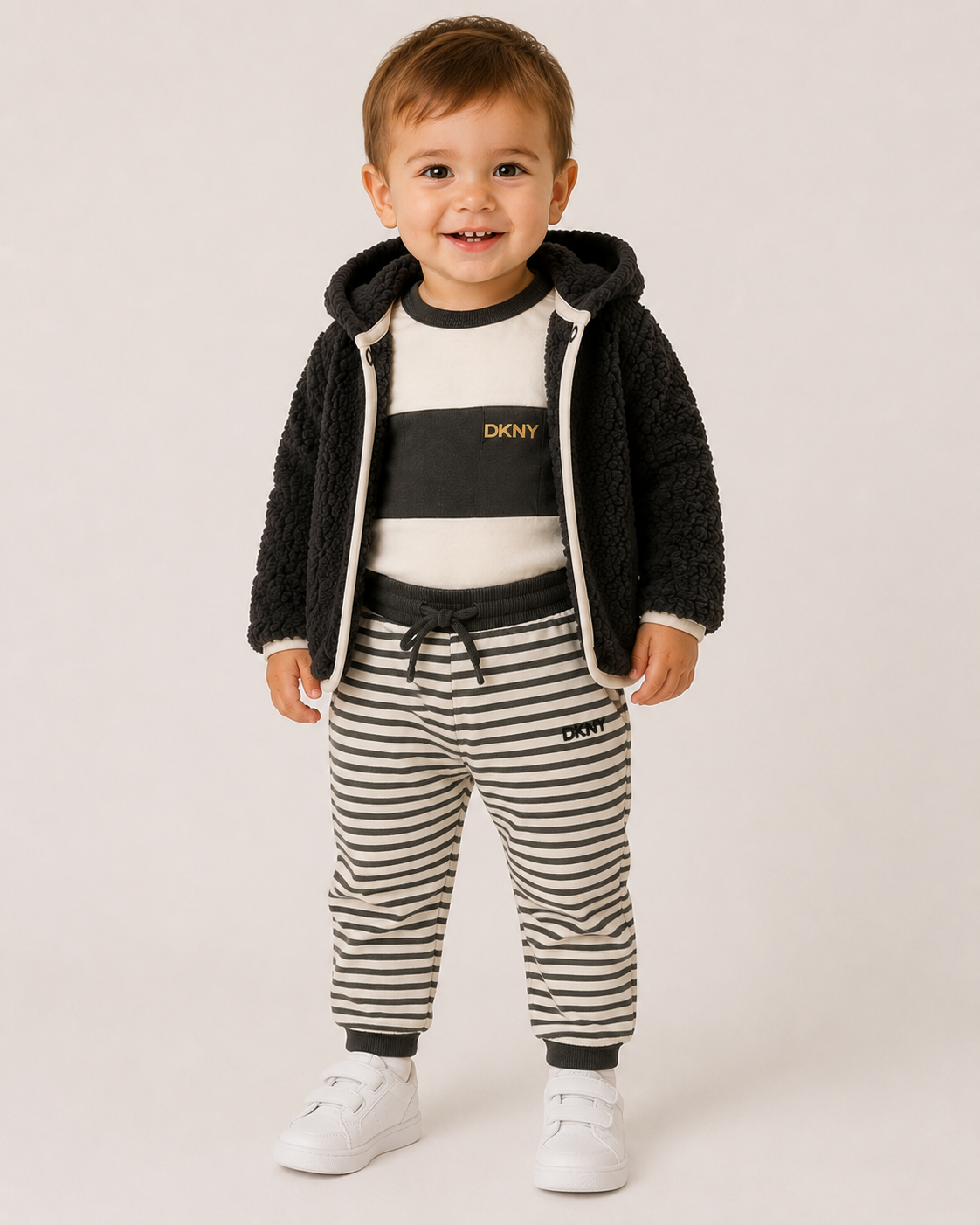 DKNY Baby 3 Piece Sherpa Jacket Set - Cream/Black