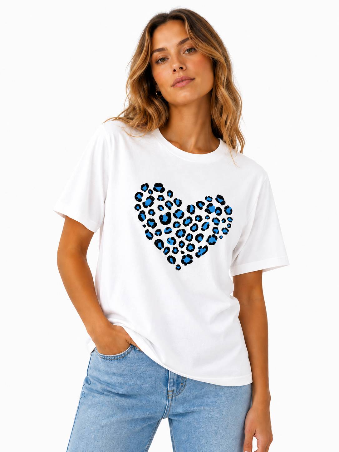 Heart Print Top in Blue on a studio model