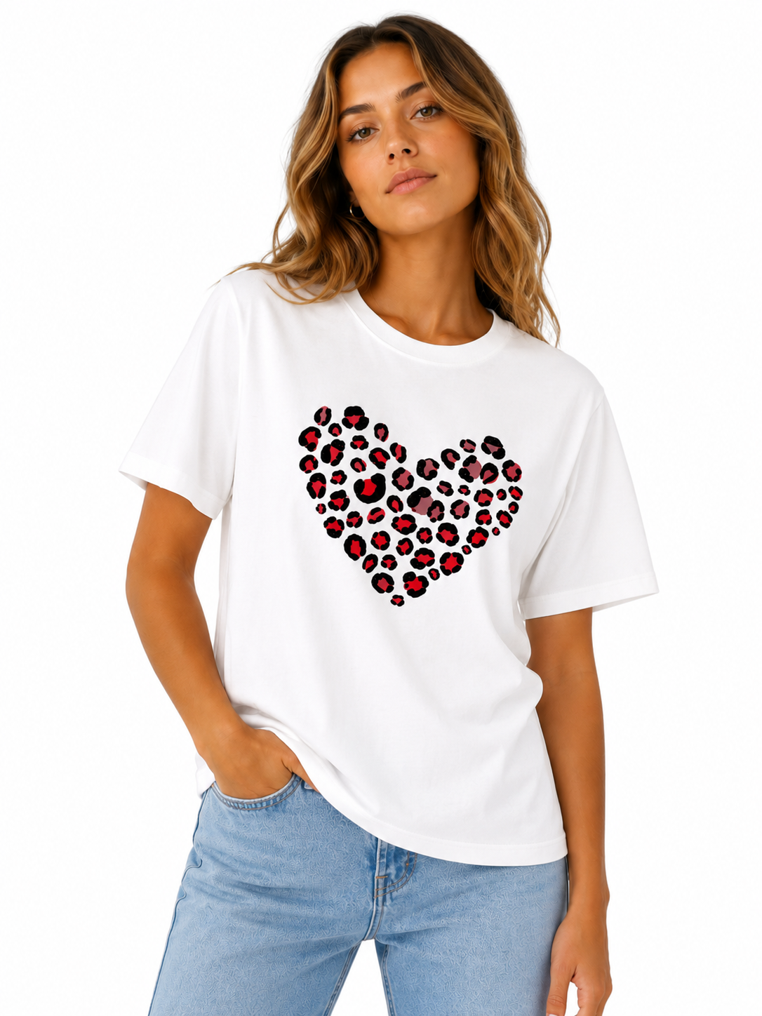Heart Print Top in Red on a studio model