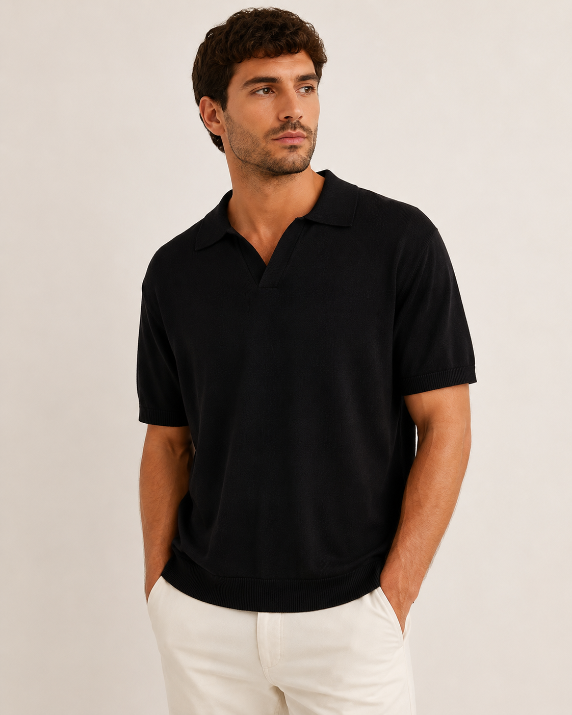 Fine Knit Open Collar Polo