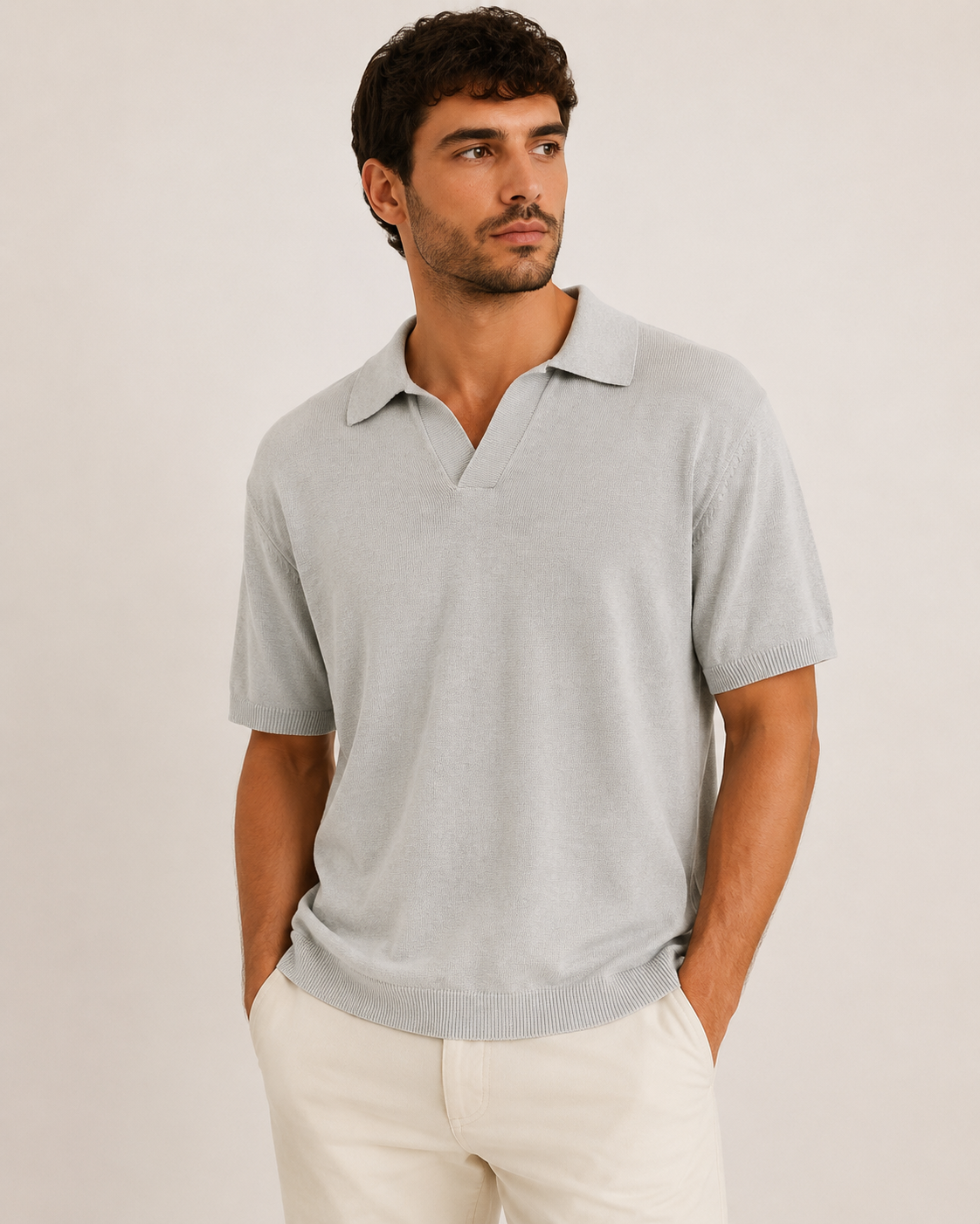 Fine Knit Open Collar Polo in Grey on a studio model