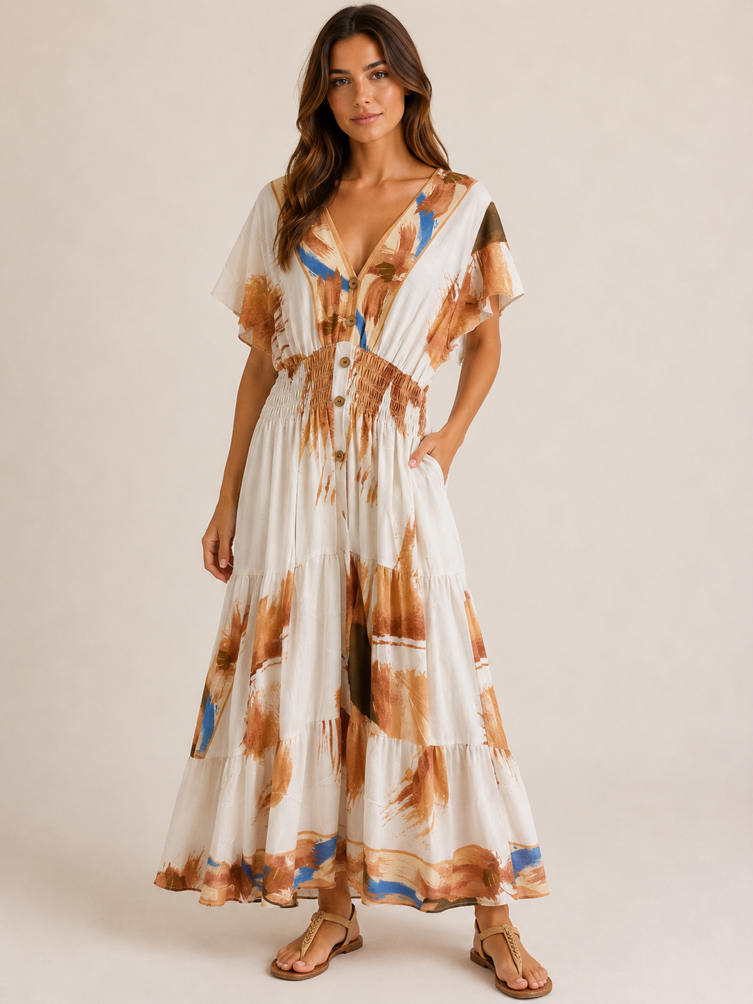 Abstract Print Shirred Waist Maxi Dress – Cream Multi