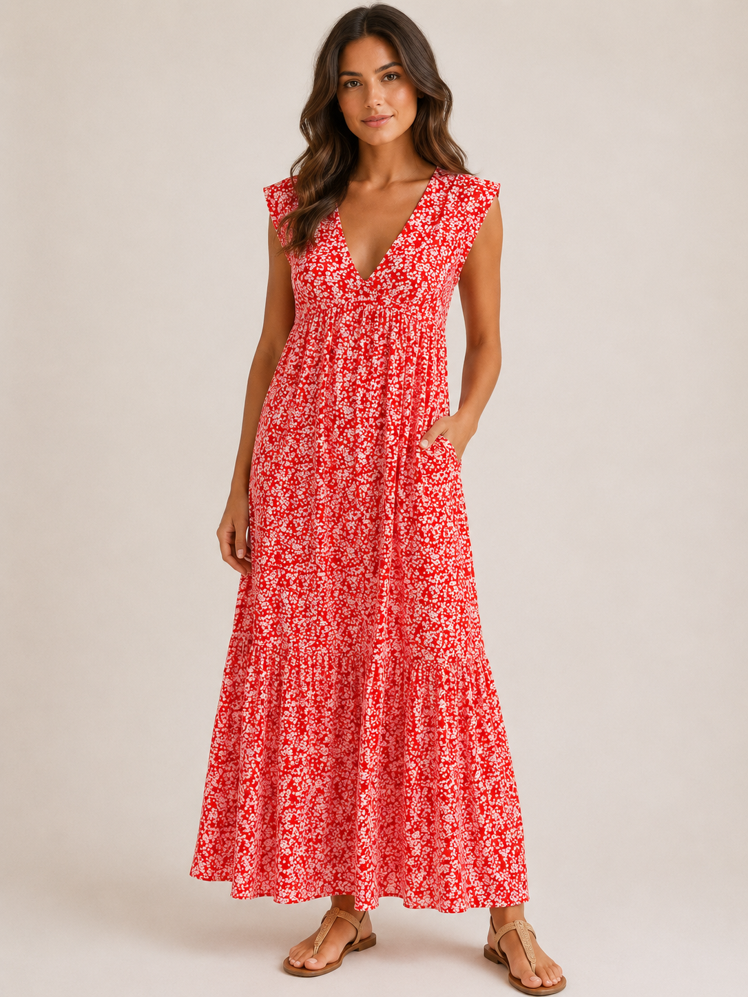 Red Floral Sleeveless Maxi Dress