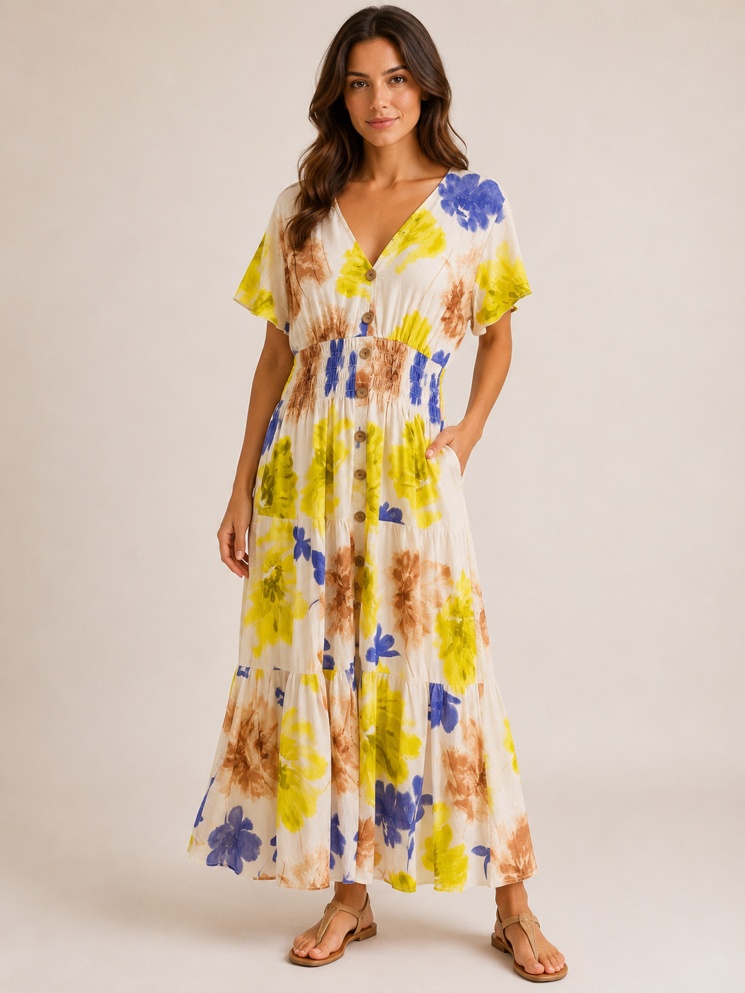 Floral Print Shirred Waist Maxi Dress – Cream Multi