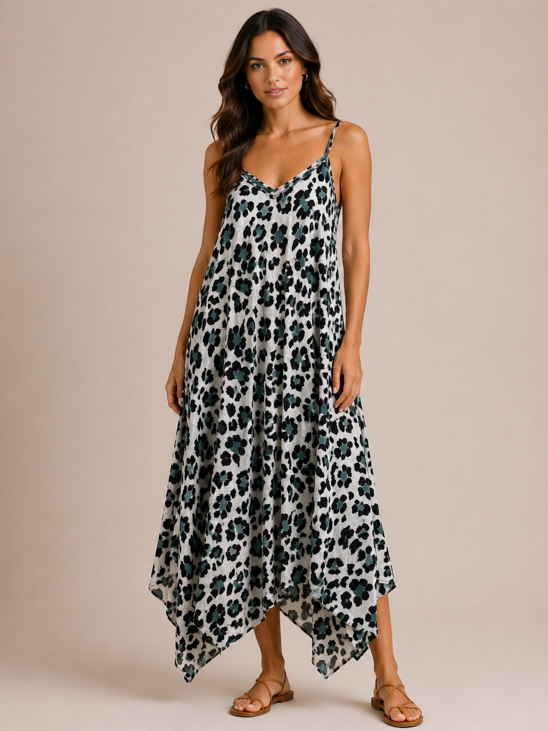 Animal Print Handkerchief Hem Maxi Dress