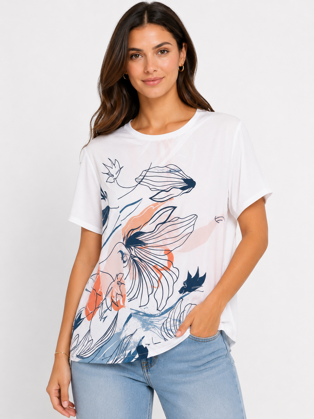 Abstract Floral Print Top Peach/Navy