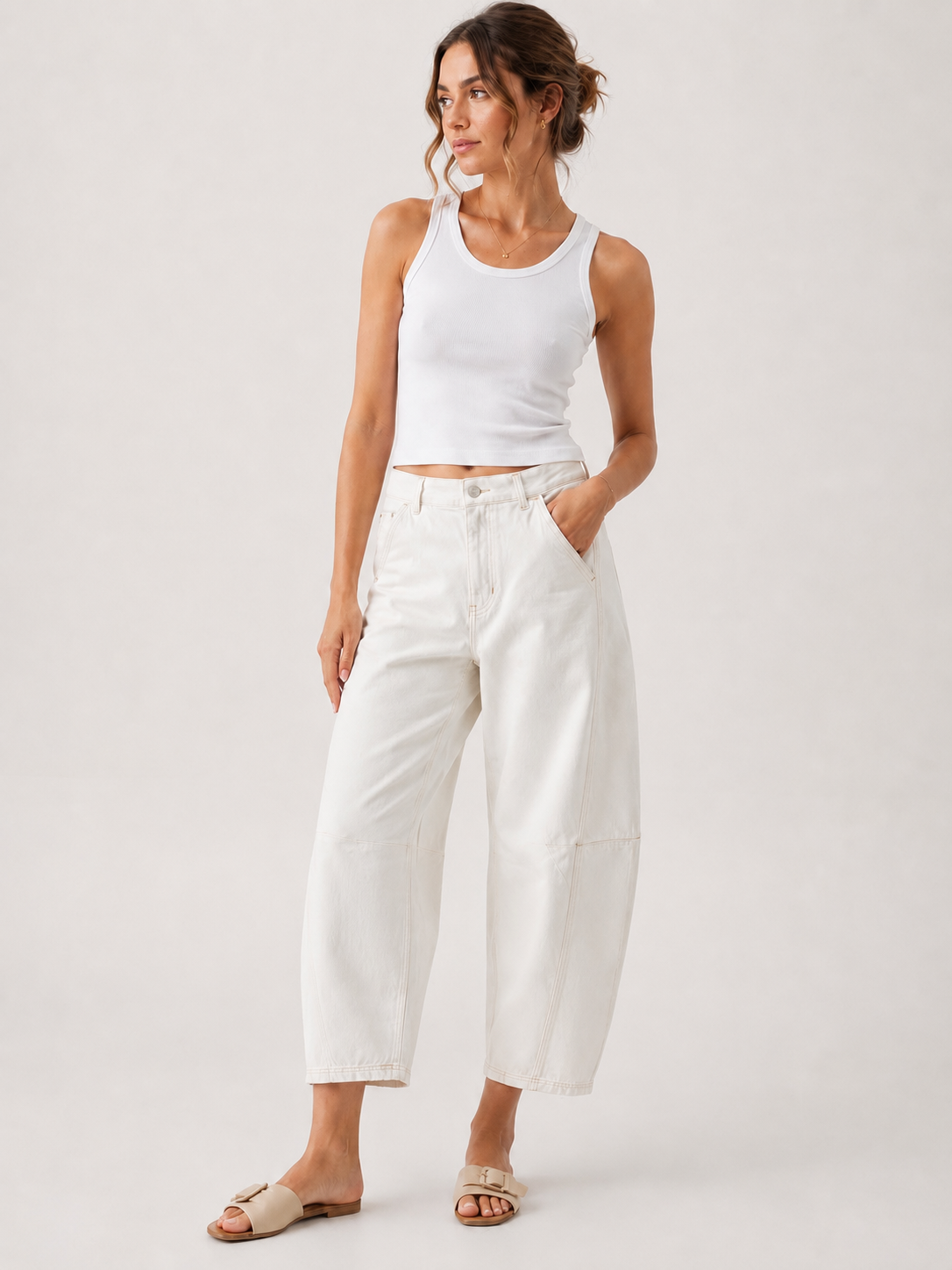 Ecru Cropped Barrell Jeans