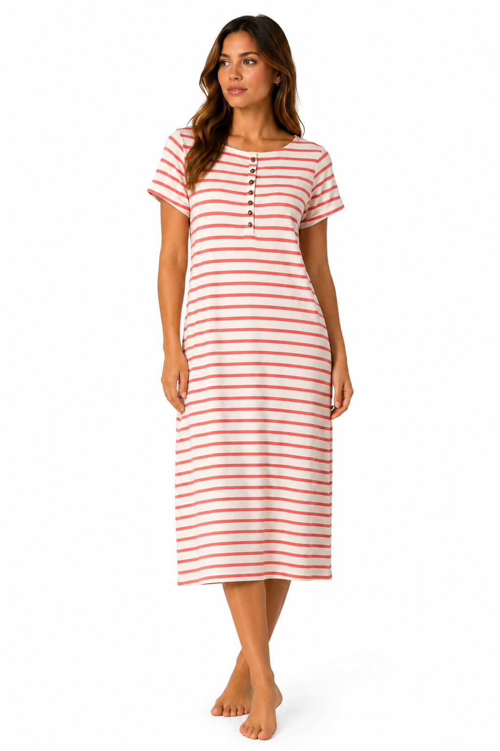 Coral Stripe Button Detail Midi Dress