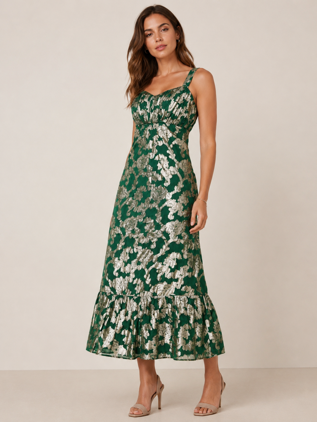 Green Metallic Floral Jacquard Maxi Dress