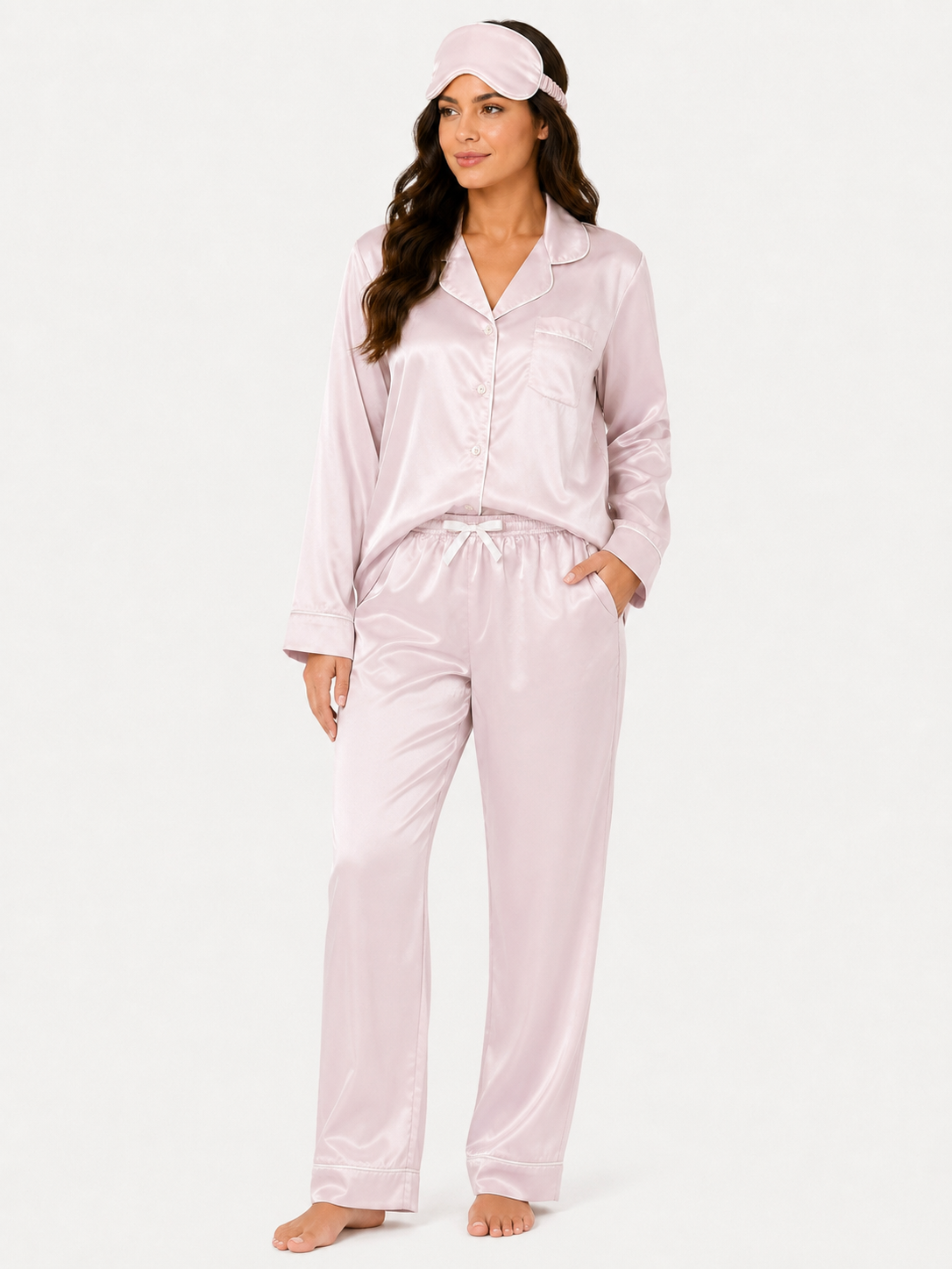 Long Sleeve 4 Piece Pyjama Set in Pink on a studio model