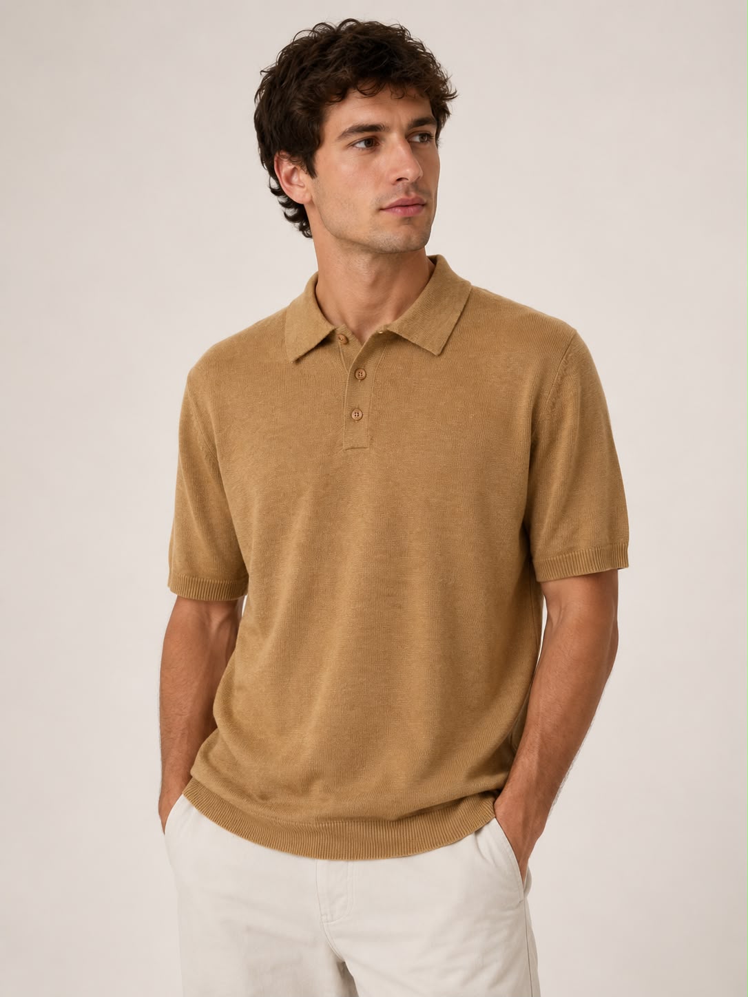 Cotton Linen Polo in Camel on a studio model