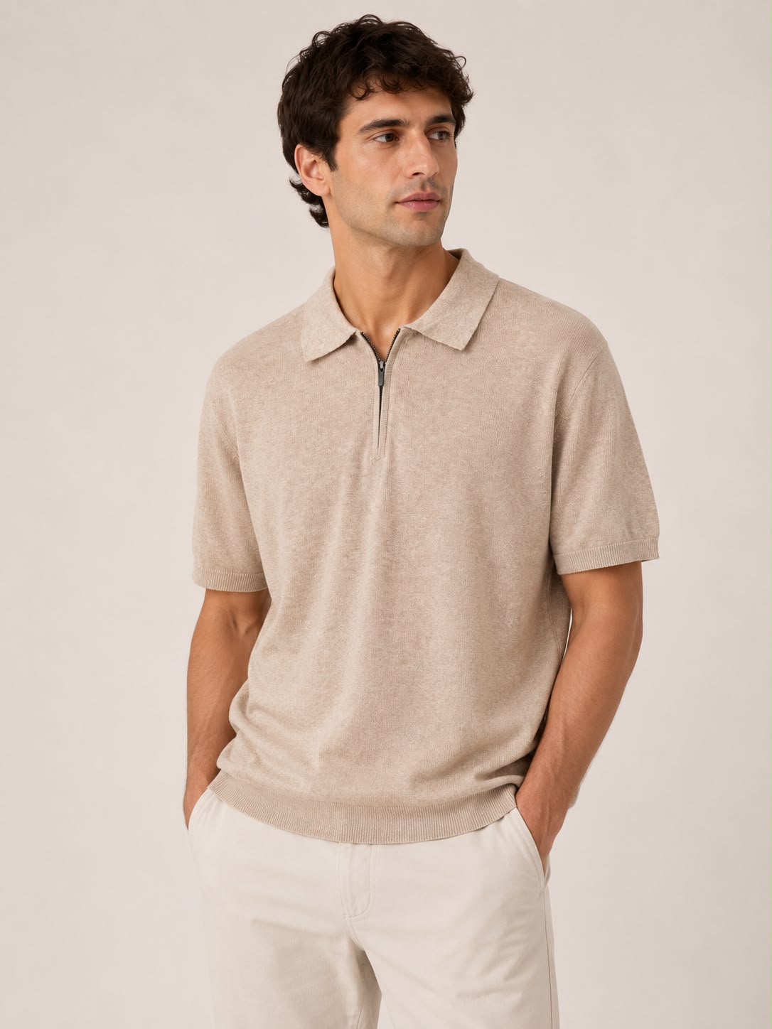 Cotton Linen Zip Polo