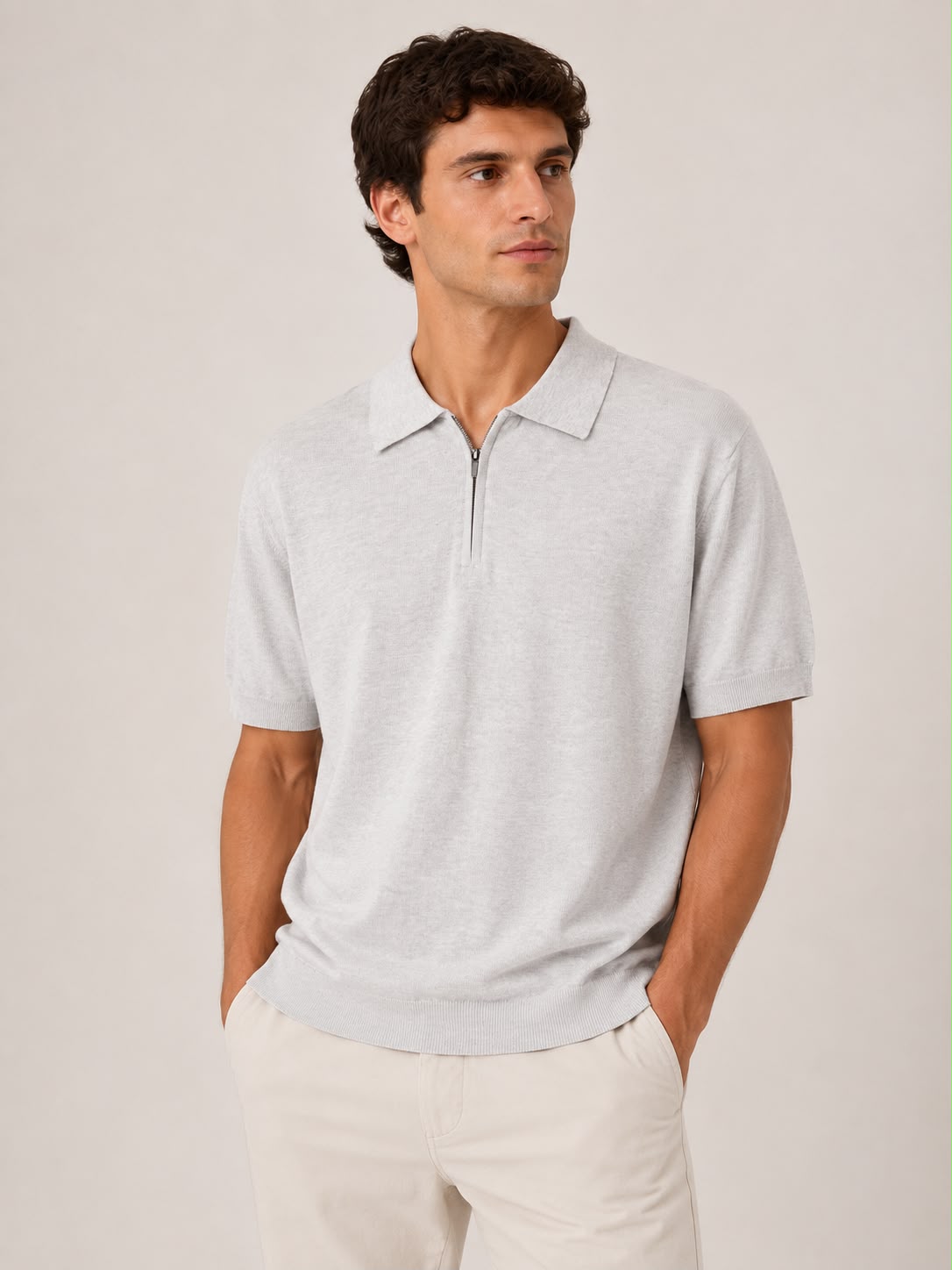 Cotton Linen Zip Polo in Grey on a studio model