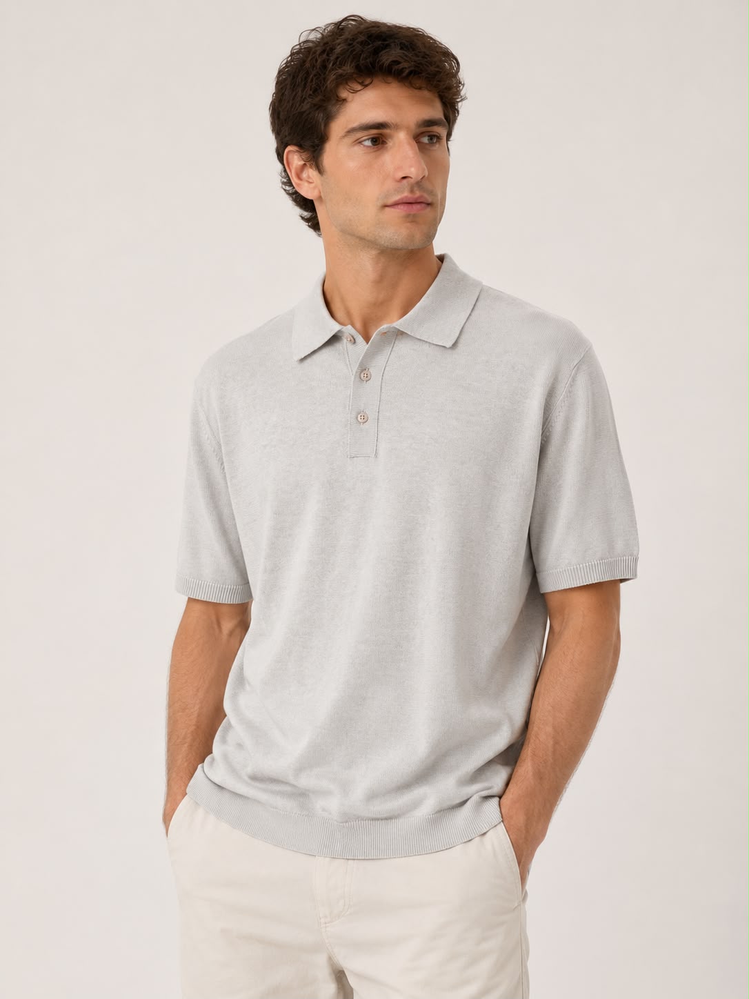 Cotton Linen Polo in Grey on a studio model