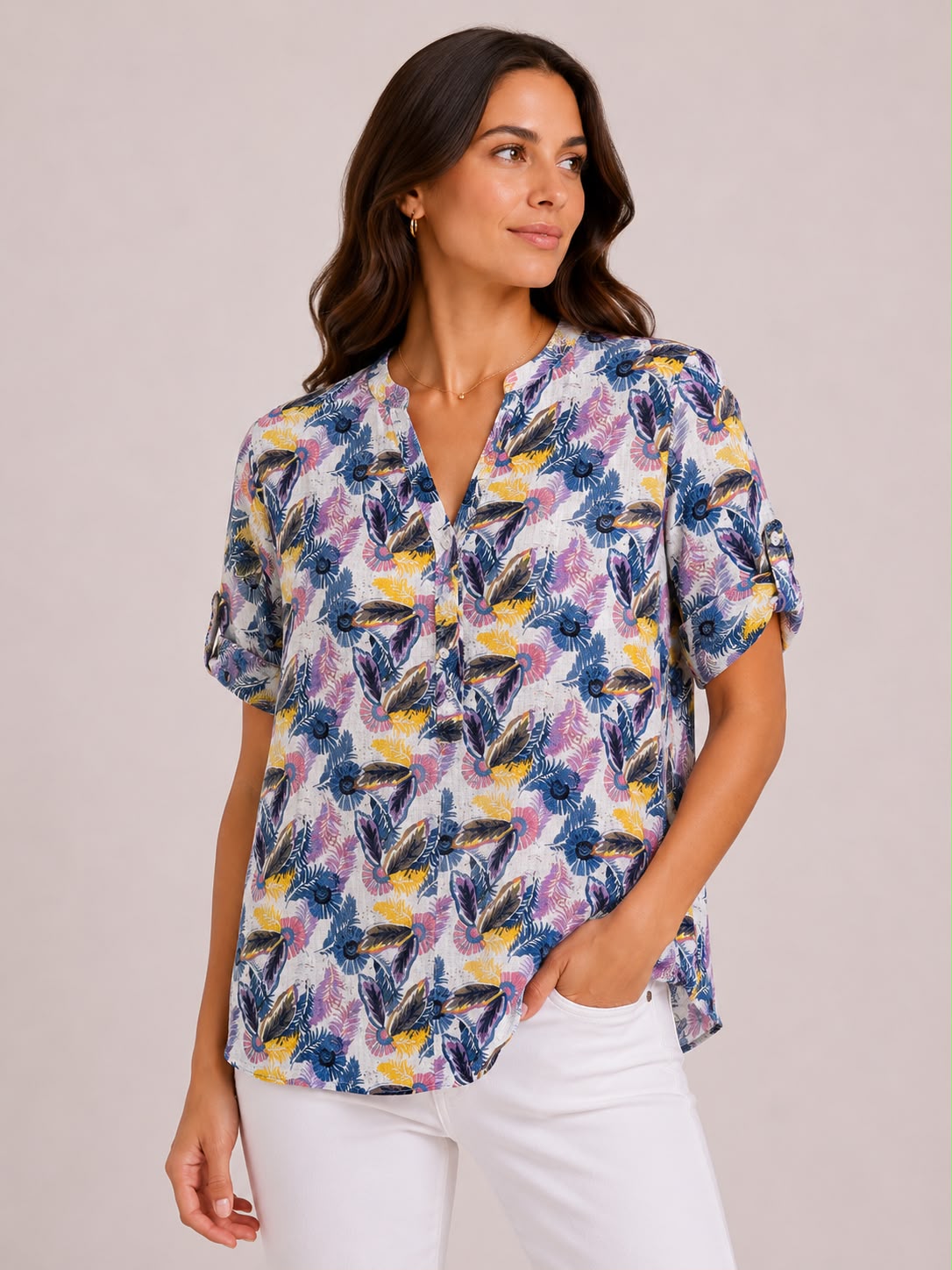 Leaf Print Short Sleeve Blouse in Navy/Yellow on a studio model