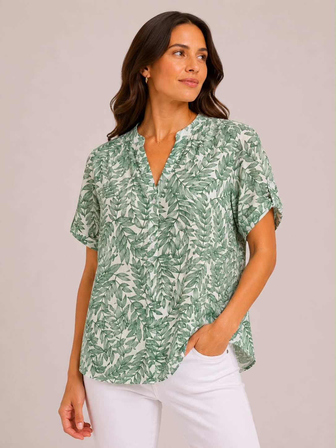 Leaf Print Short Sleeve Blouse in Green on a studio model