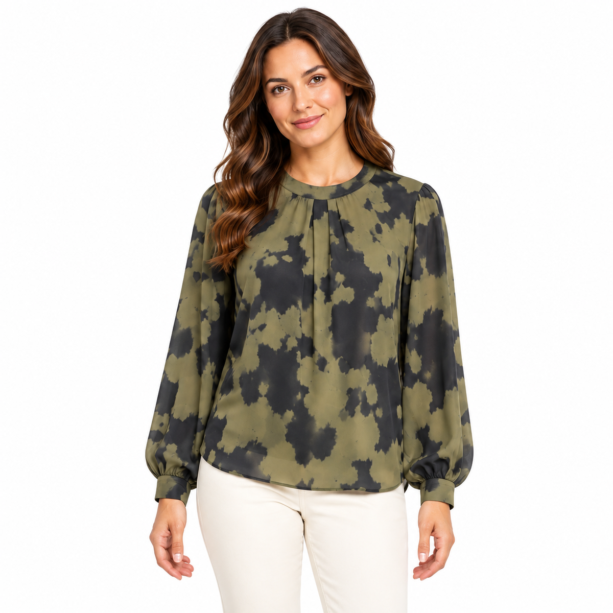 Abstract Print Blouse - Khaki on a model