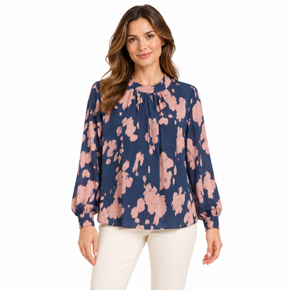 Abstract Print Blouse - Navy on a model