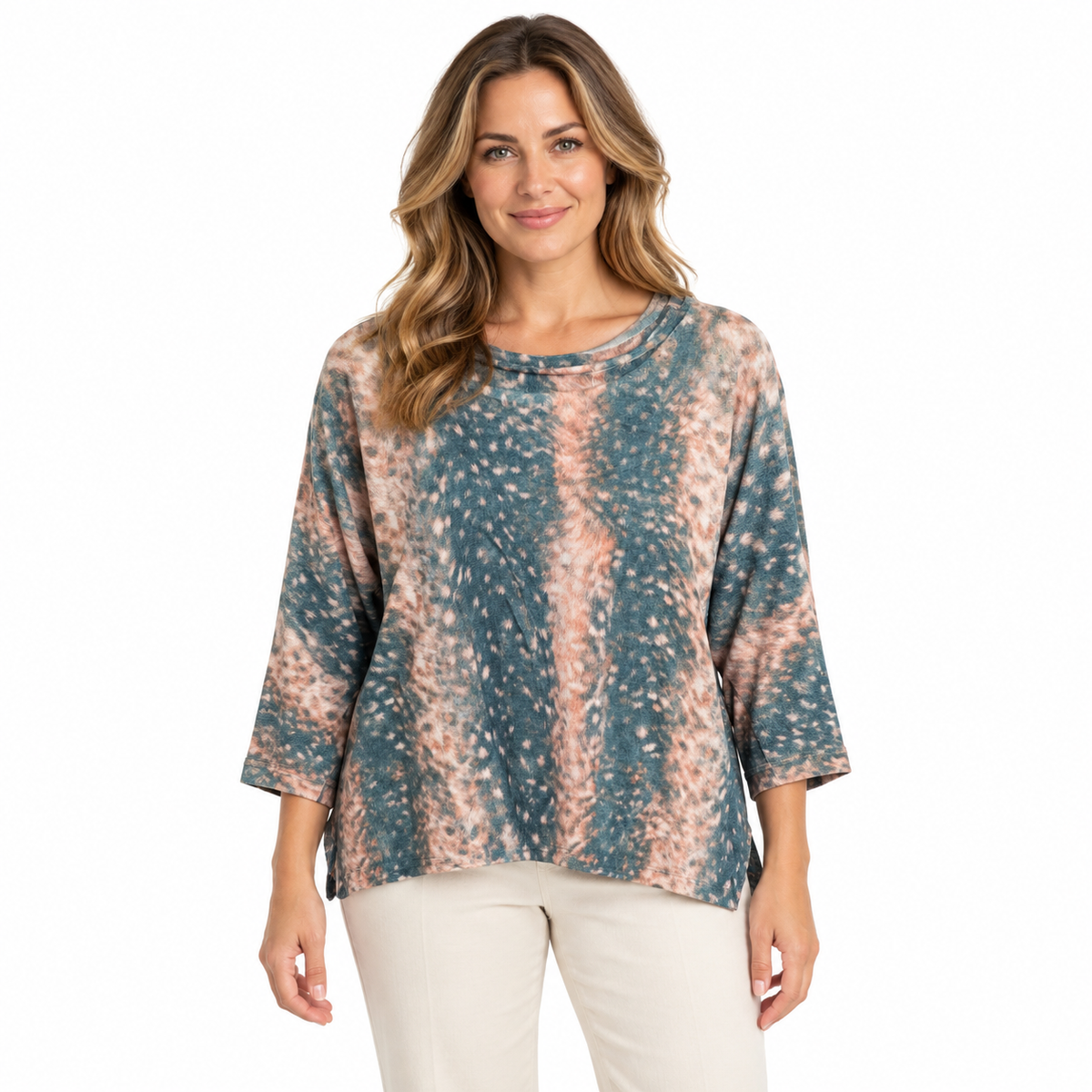 Abstract Print Top - Teal & Blush on model