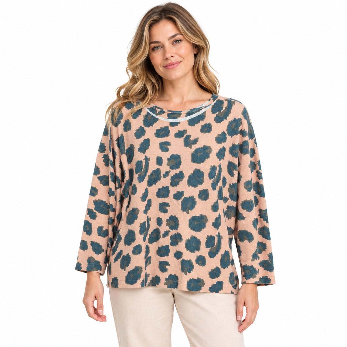 Abstract Spot Top - Blush & Teal on model