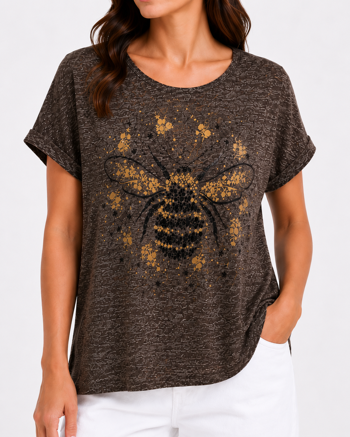 Bee Print Top – Dark Khaki — alternate detail or pose