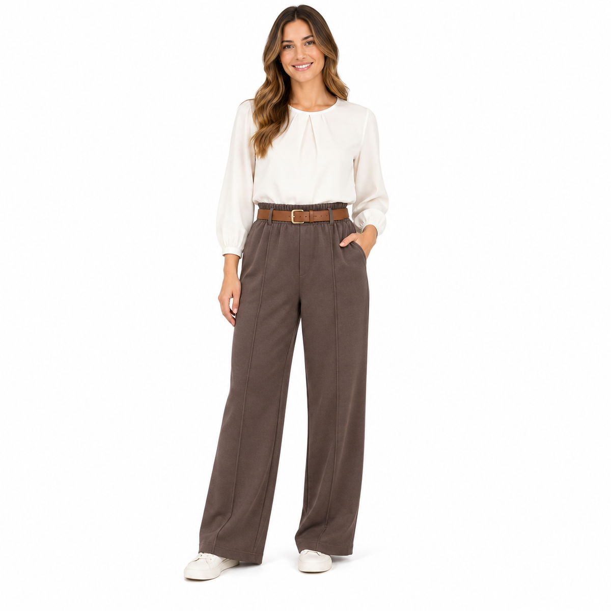 Belted Trousers - Chocolate on a model