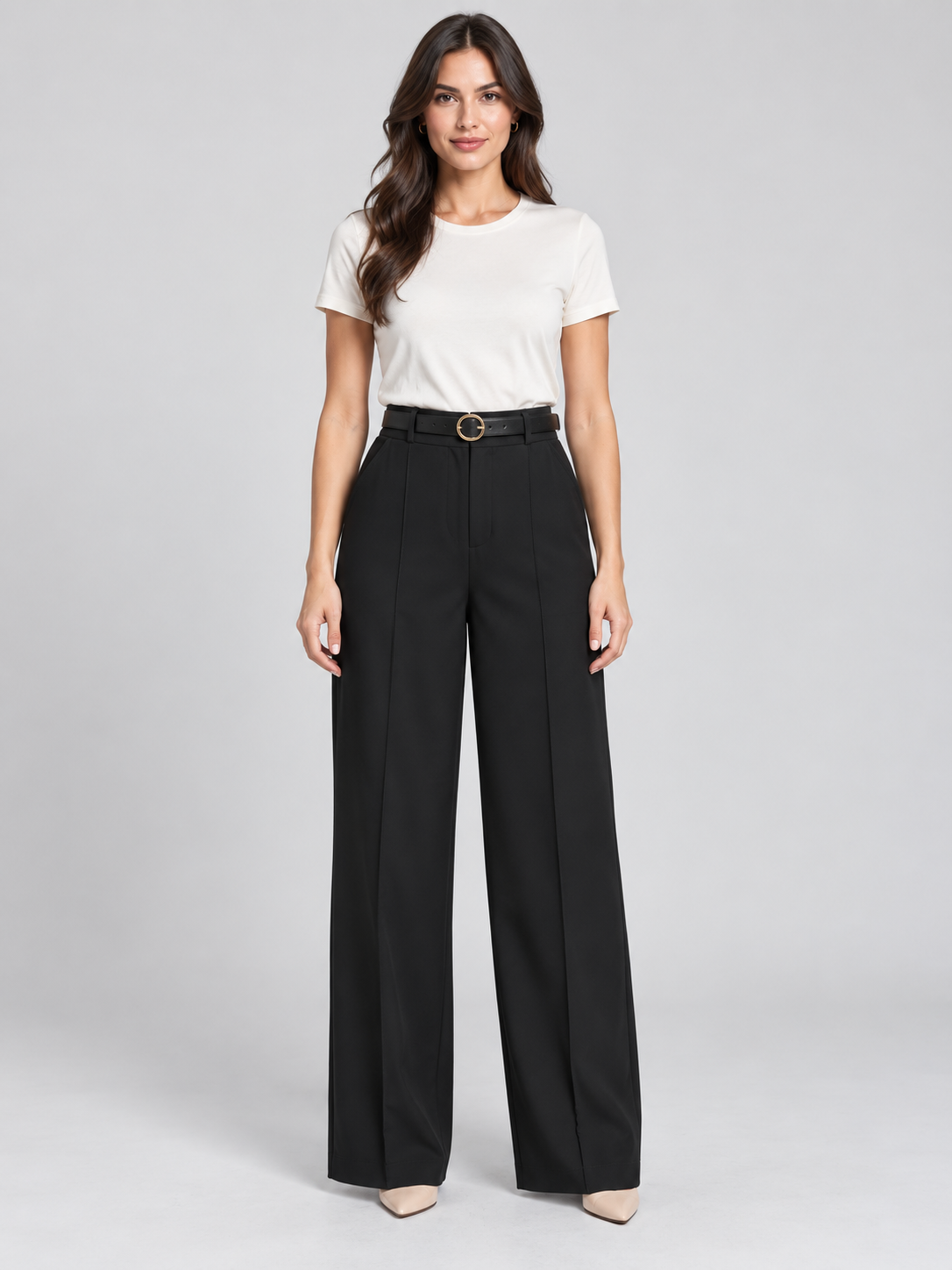Belted Wide Leg Trousers – Black