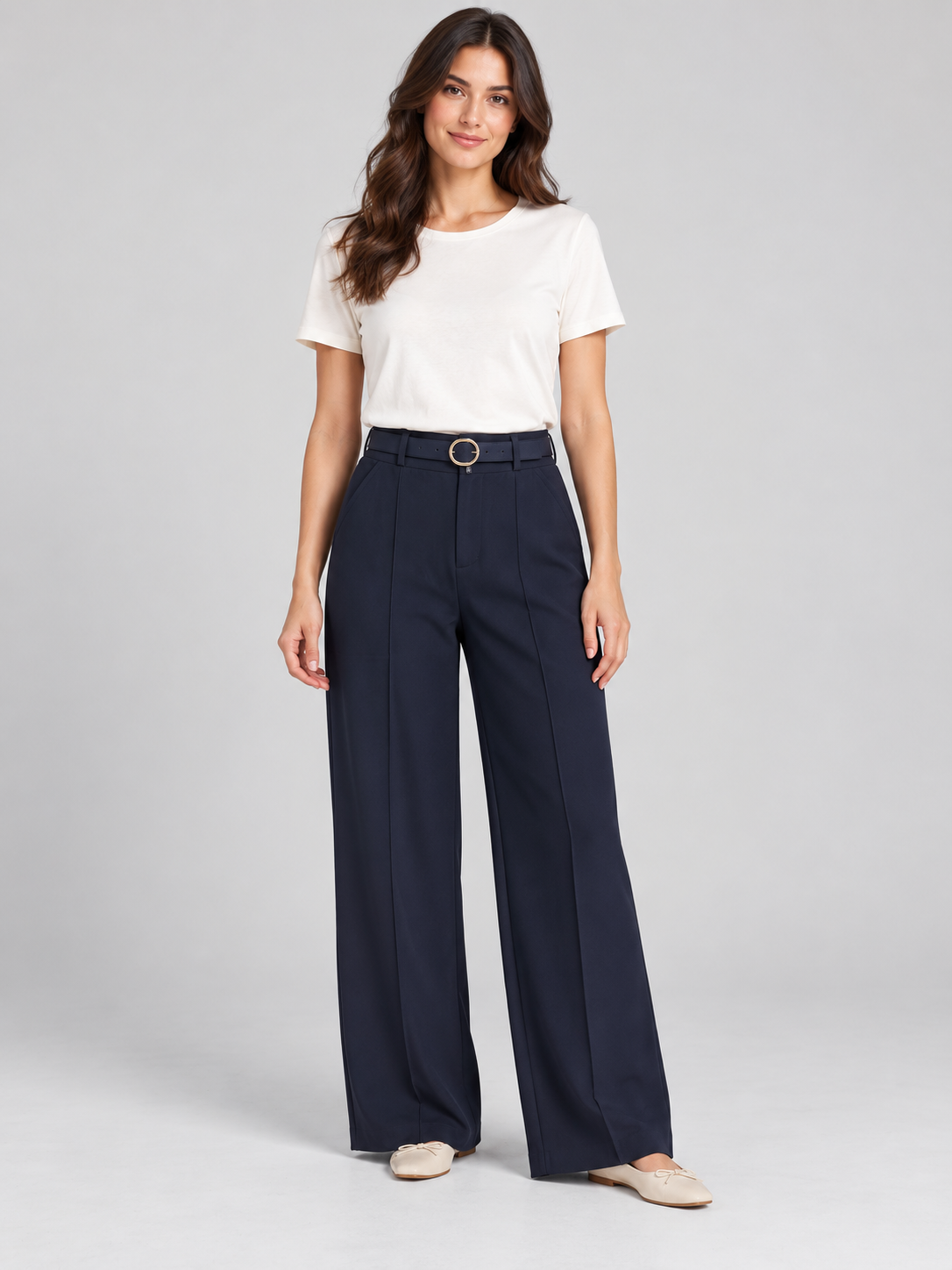 Belted Wide Leg Trousers – Navy