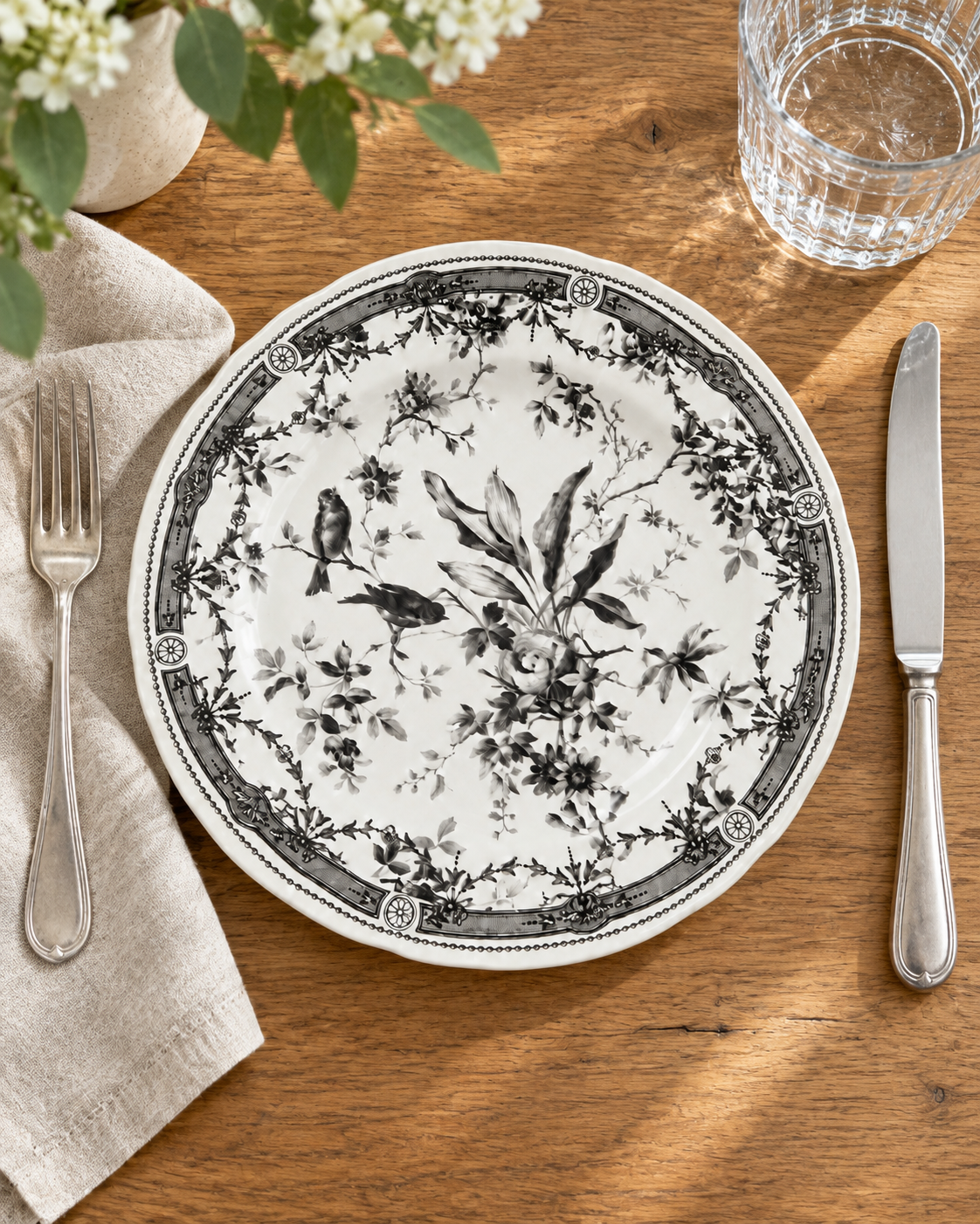 Black & White Bird Floral Dinner Plate styled in a home setting