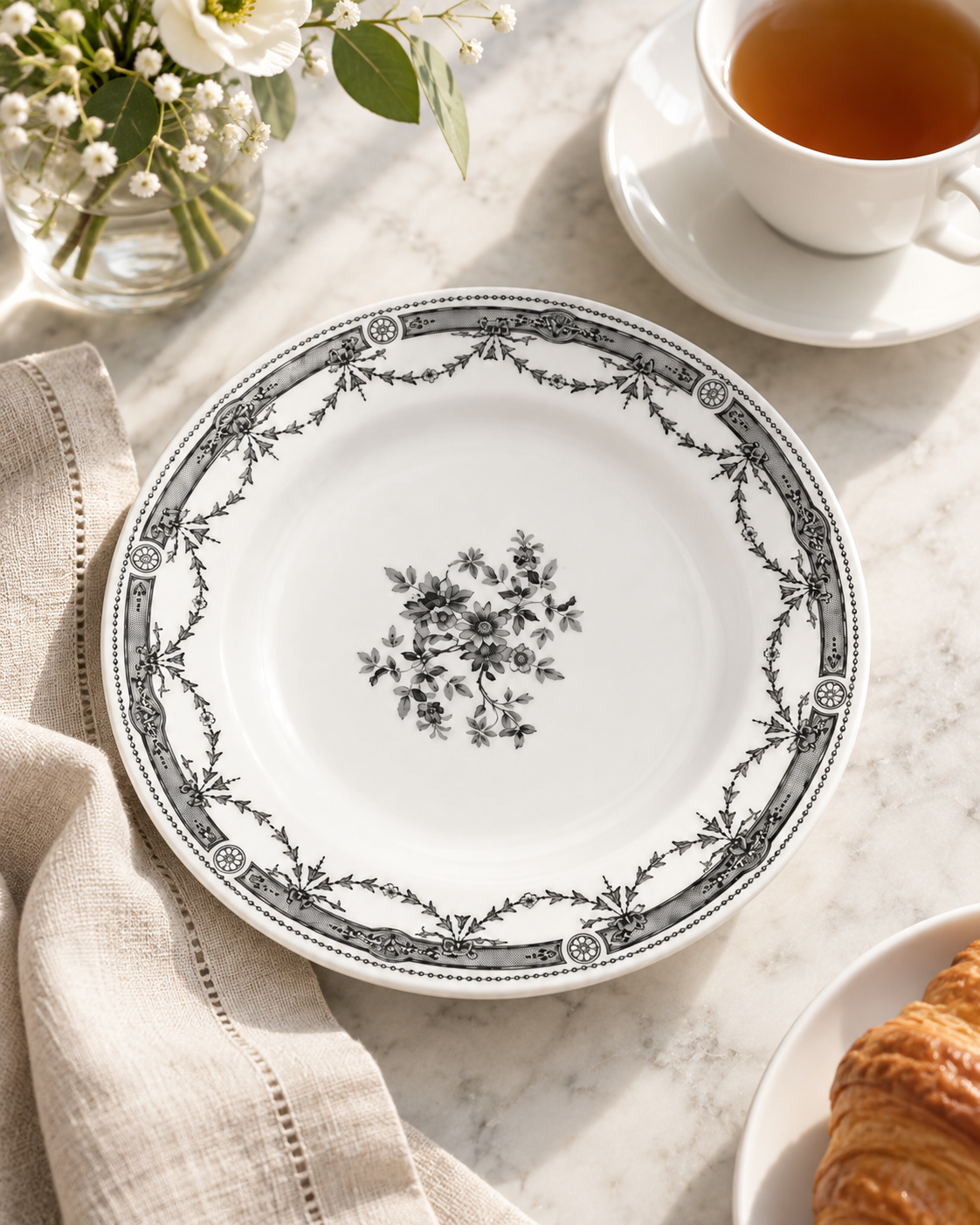 Black & White Floral Side Plate styled in a home setting