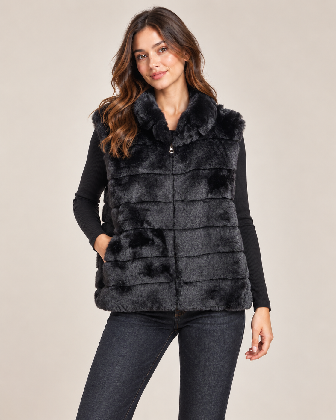 Faux Fur Gilet – Black worn by a model