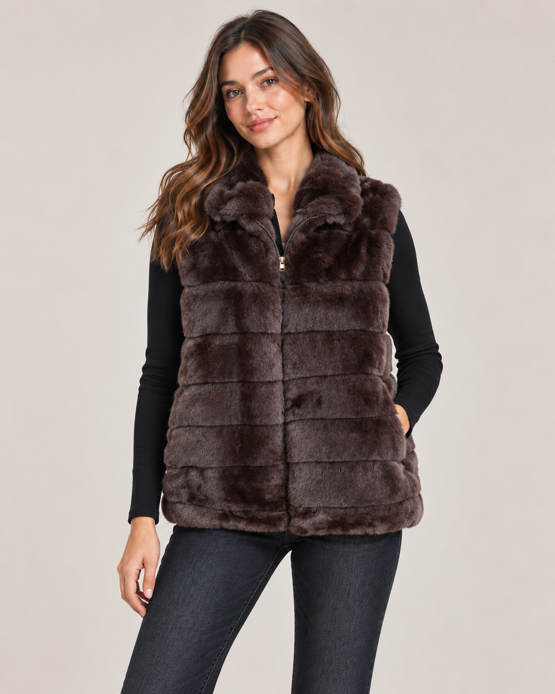 Faux Fur Gilet – Chocolate worn by a model