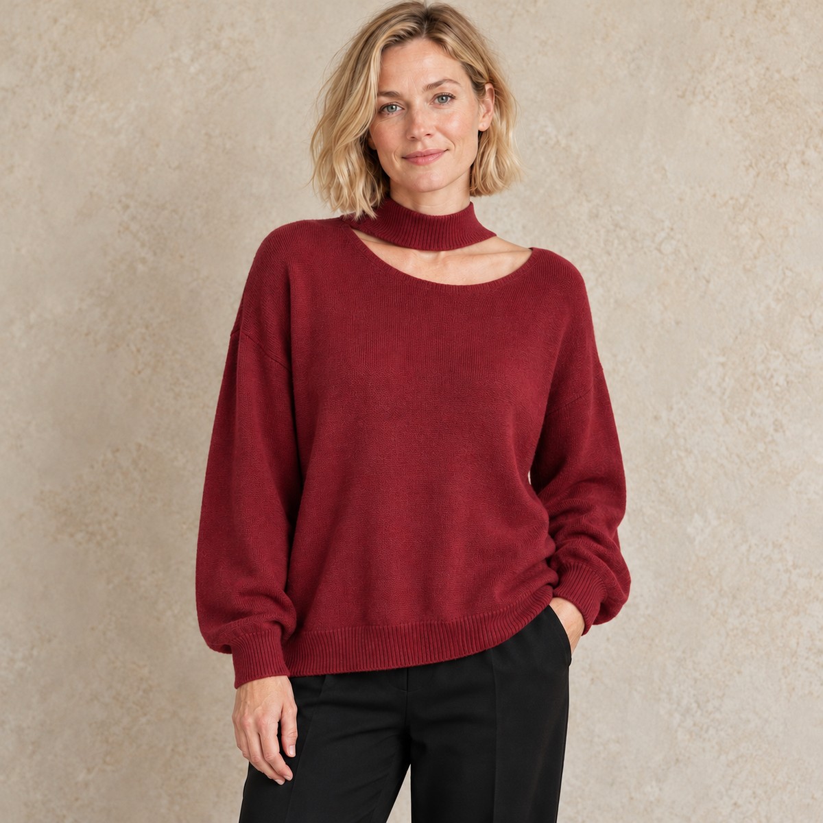 Burgundy jumper with asymmetric neck band attached on one side only