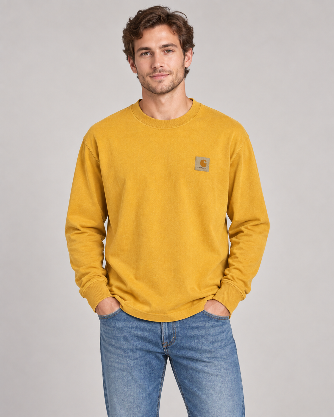 Cahartt Nelson Tops in Mustard on a studio model