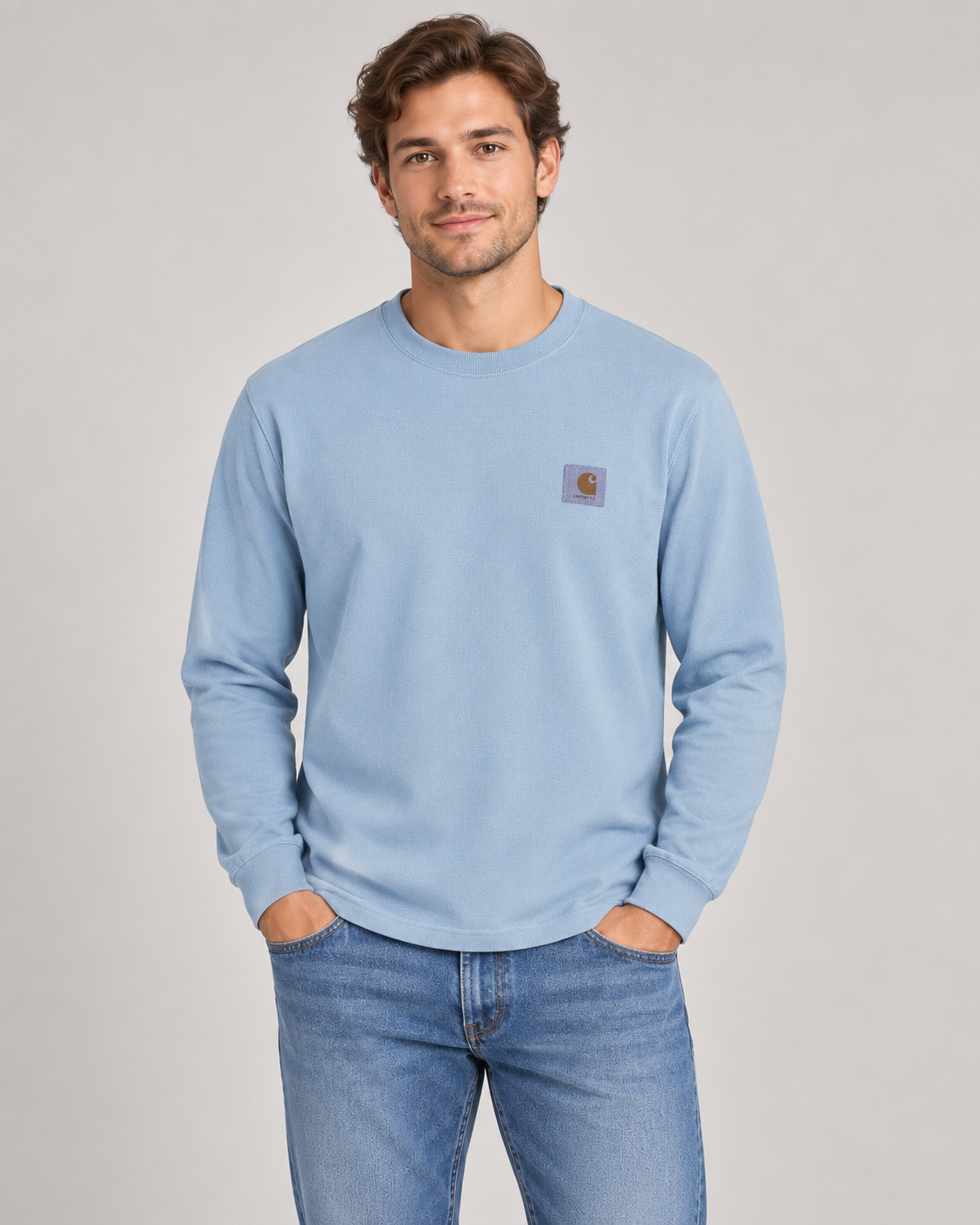 Cahartt Nelson Tops in Light Blue on a studio model